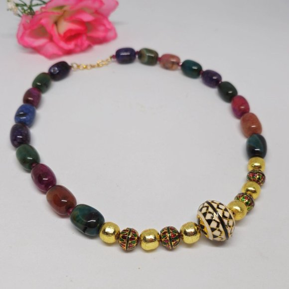 Enamel Cloisonne Crackle Agate Beaded Statement Necklace Gold Green Red Purple - Picture 3 of 14